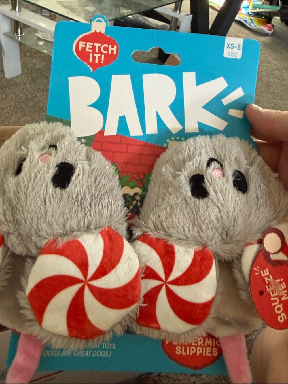 BARK Gray Plush Mouse Peppermint Slippies Small Pet Toy - Red & White